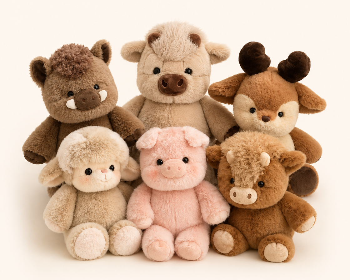 Set of plush toys resembling different animals 