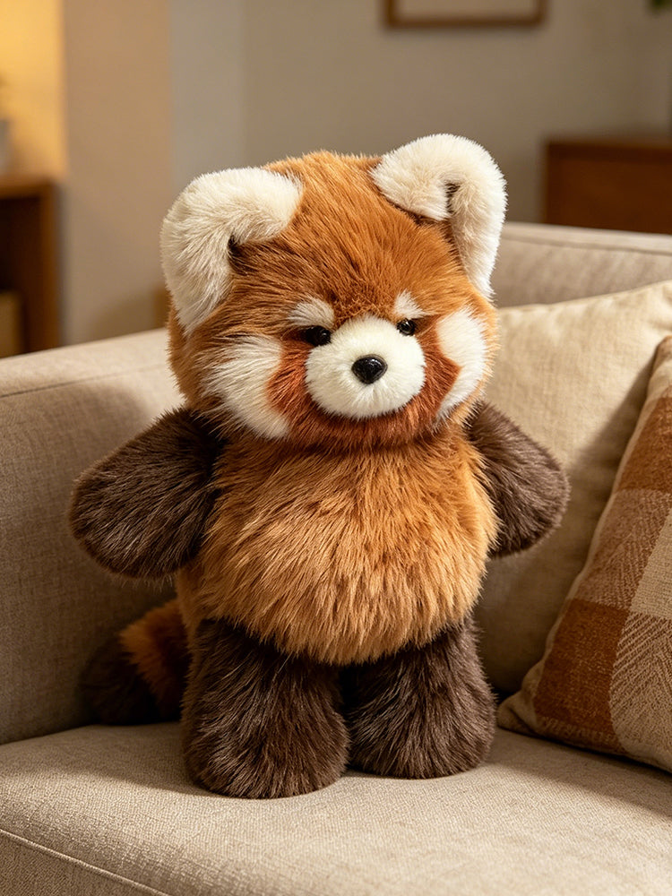 A plush red panda stuffed animal sitting on a beige sofa in a softly lit indoor setting.
